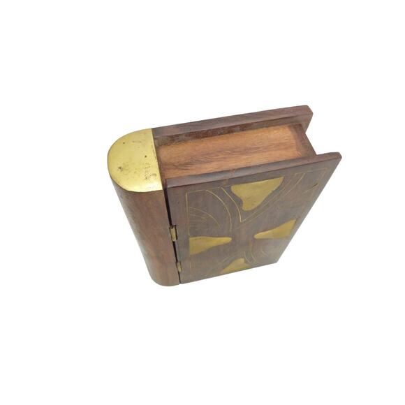 Vintage Secret Book Wood Hidden Treasures Inlaid Brass - Picture 2 of 6